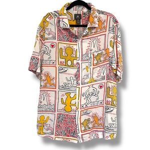 Keith Haring x H&M ONE MAN SHOW Art Short Sleeve Button Down Resort Shirt XL Men